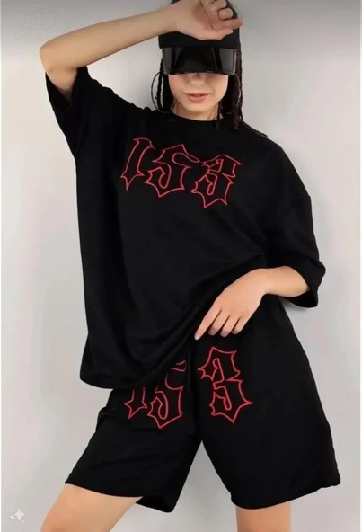 Unisex Nakış İşlemeli Şort Takım - Siyah ürün görseli