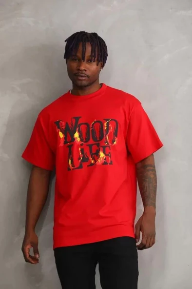 Unisex Baskılı Oversize T-Shirt - Kırmızı ürün görseli