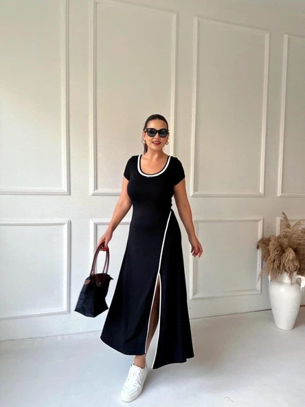 Kadın Yuvarlak Ribana Yaka Beyaz Yırtmaç Detaylı Viskon Tam Boy Elbise - Resim 7