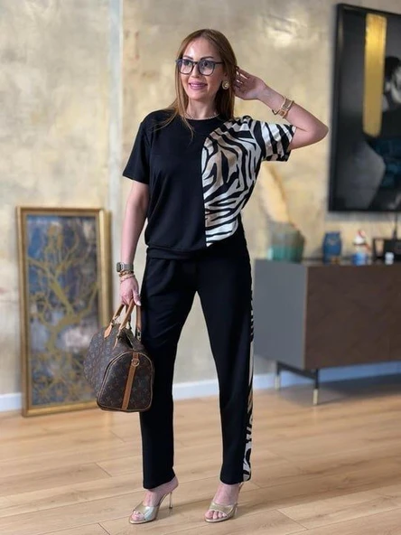 Kadın Bisiklet Yaka Kısa Kol Leopar Desen Bluz Ve Pantolon Ikili Takım - Resim 3