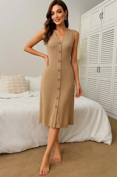 Kadın V Yakalı önden Düğmeli Kaşkorse Elbise - Resim 2