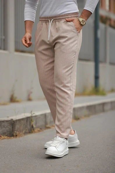 Erkek Beli Bağcıklı çizgili Pantolon ürün görseli