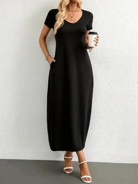 Kadın Kısa Kollu Yakası Yuvarlak Cepli Viskon Elbise - Resim 3