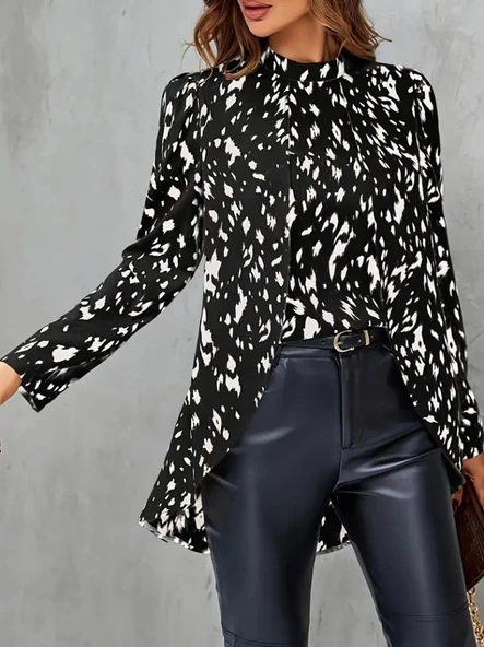 Kadın Uzun Kollu Yarı Balıkçı Yaka Desenli Dokuma Bluz - Resim 2