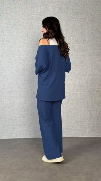 Kadın Kısa Kollu Omuzlardan Açık Yarasa Kollu Bürümcük Bluz Ve Pantolon Ve Viskon Atlet - Resim 3