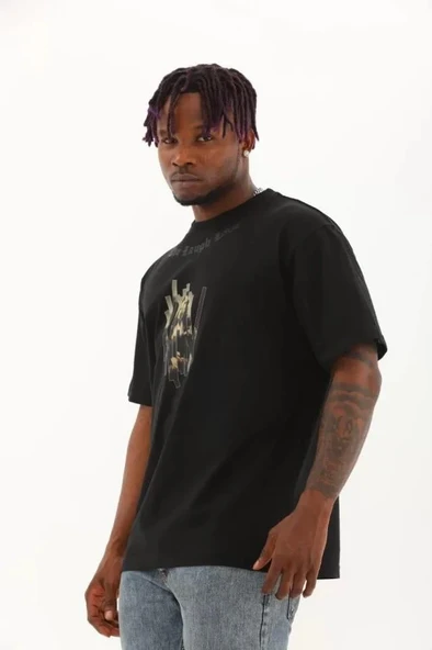 Unisex Oversize Baskılı Bisiklet Yaka T-Shirt - Siyah ürün görseli