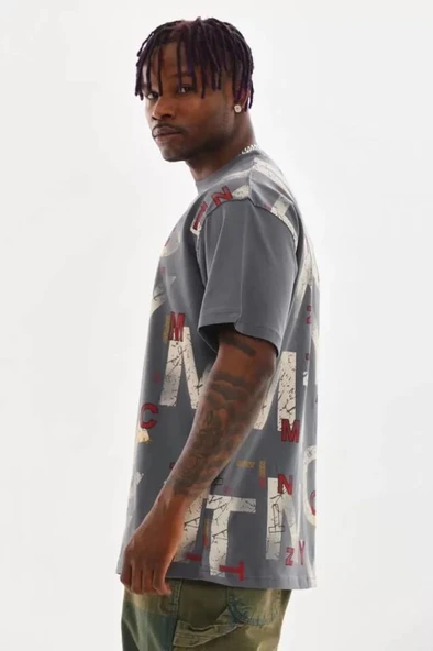 Unisex Baskılı Oversize T-Shirt - Füme - Resim 4
