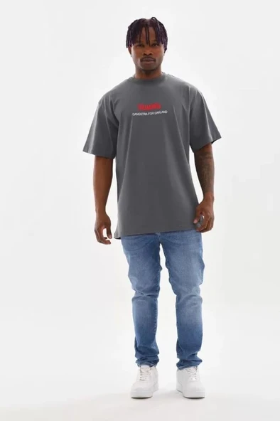 Unisex Baskılı Oversize T-Shirt - Füme - Resim 3