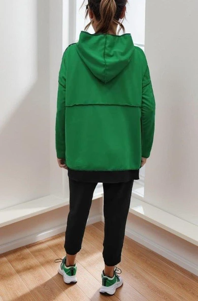 Kadın Yeşil Kapşonlu Etek Ucu Detay Arma Ters Dikiş Gorunumlu Ikili Takım - Resim 12