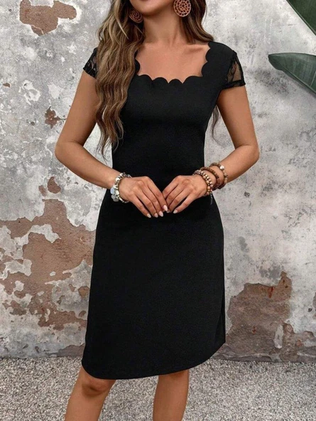 Kadın Kısa Kollu Kare Yakalı Ithal Krep Elbise - Resim 5