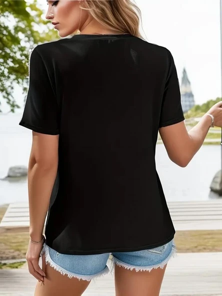 Kadın Kısa Kollu V Yaka şerit Detay Viskon Bluz - Resim 3