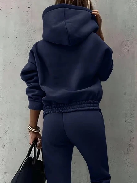 Kadın Uzun Kollu Kapşonlu Alt Ve üst Iki Iplik şardonlu Eşofman Takım - Resim 2