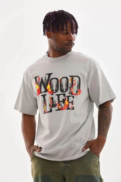 Unisex Baskılı Oversize T-Shirt - Gri ürün görseli