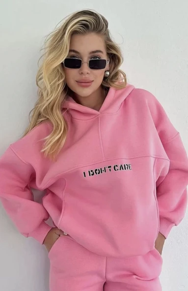 Nakış İşlemeli Üç İplik Sweat Takım- Pembe - Resim 4