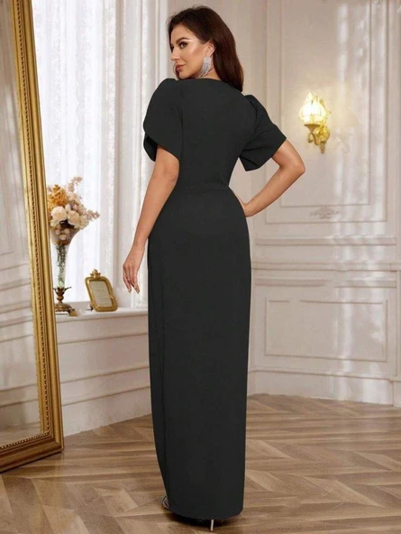 Kadın Kısa Kollu Kruvaze Yakalı Belden çiçek Aksesuarlı Yırtmaçlı Ithal Krep Elbise - Resim 3