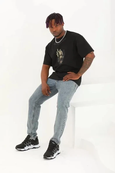 Unisex Oversize Baskılı Bisiklet Yaka T-Shirt - Siyah - Resim 3