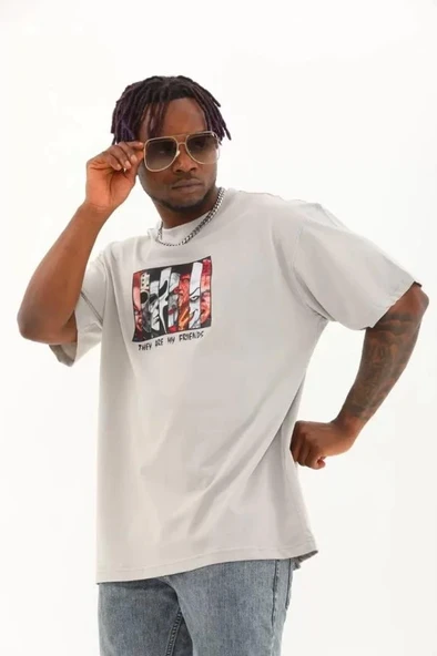 Unisex Oversize Baskılı Bisiklet Yaka T-Shirt - Gri ürün görseli