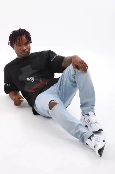 Unisex Oversize Baskılı Bisiklet Yaka T-Shirt - Siyah - Resim 3