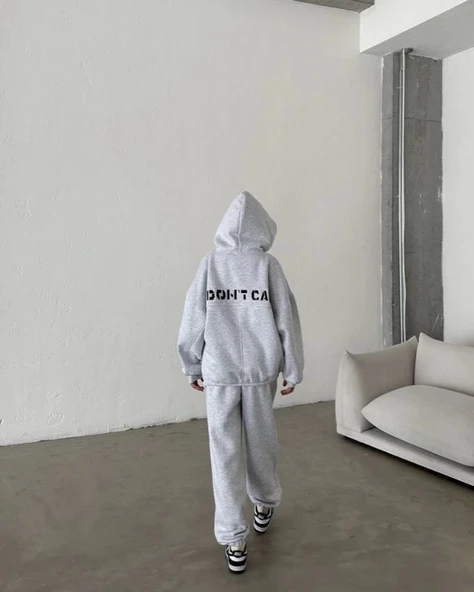 Nakış İşlemeli Üç İplik Sweat Takım- Gri - Resim 2