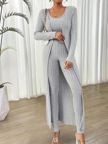 Kadın Yuvarlak Yaka Askılı Krop Bluz Yüksek Bel Tayt Ve Uzun Hırka şardonlu Kaşkorse üçlü Takım - 3