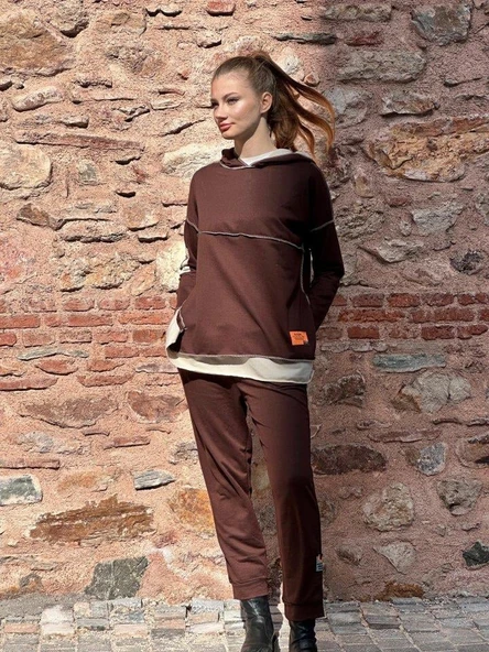 Kadın Kahve Kapşonlu Etek Ucu Detay Arma Ters Dikiş Gorunumlu Ikili Takım - Resim 2