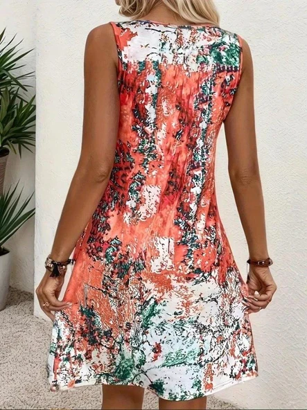 Kadın Sıfır Kollu Kare Yaka önden Pileli Salaş Süprem Elbise - Resim 4