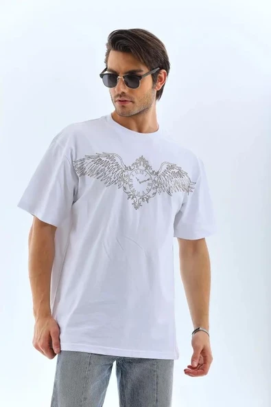 Unisex Oversize Taşlı Bisiklet Yaka T-Shirt - Beyaz - Resim 4