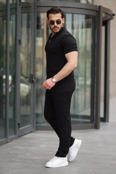Erkek Yakalı Fermuarlı T-shirt Pantolon Ikili Rahat Takım - Resim 2