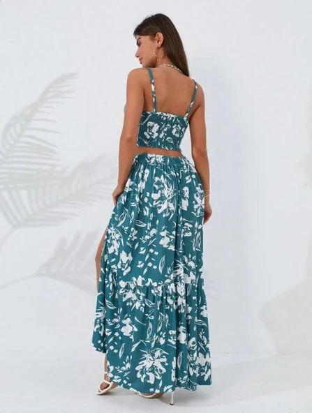 Kadın Ince Askılı çiçek Baskı Desenli Crop Yırtmaçlı Etek Ikili Süprem Takım - Resim 6