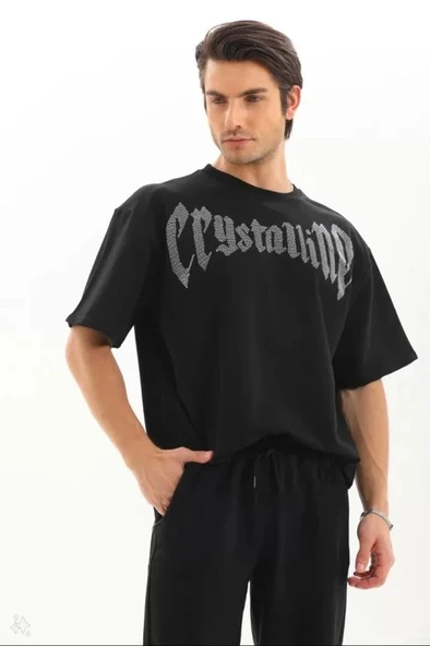 Unisex Oversize Taşlı T-Shirt - Siyah ürün görseli