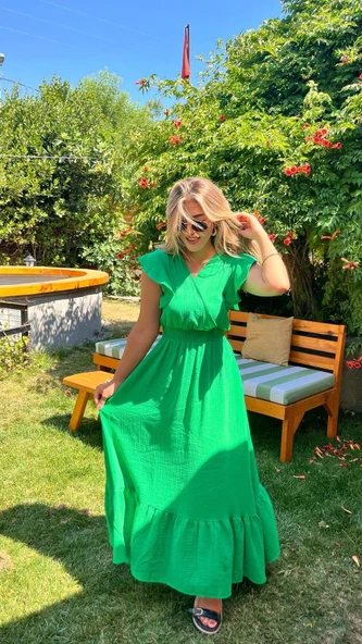 Kadın Kısa Kollu Kruvaze Yakalı Beli Lastikli Müslim Elbise - Resim 3