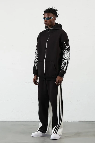 Üç İplik Baskılı Fermuarlı Kapşonlu Hırka - Siyah - 3