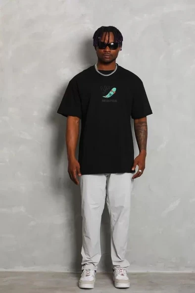 Unisex Oversize Baskılı Bisiklet Yaka T-Shirt - Siyah - Resim 3