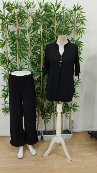 Kadın Kısa Kollu V Hakim Yaka Düğmeli Bürümcük Bluz Ve Pantolon Ikili Takım - Resim 7