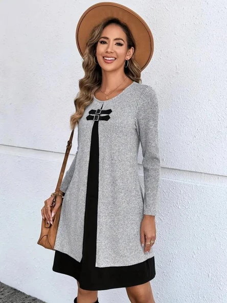 Kadın Uzun Kollu önü Tokalı şardonlu Kaşkorse Iç Kısmı Viskon Midi Elbise Ikili Takım - Resim 2