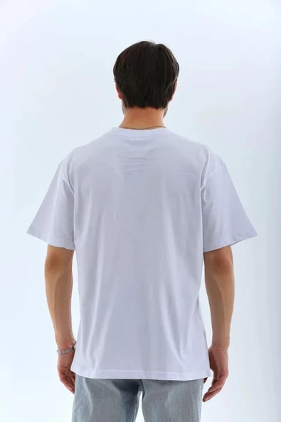 Unisex Oversize Düz Bisiklet Yaka T-Shirt - Beyaz - Resim 2