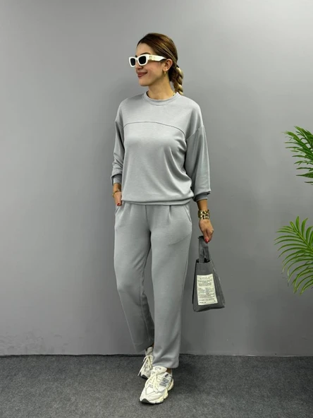 Kadın Uzun Kollu Bisiklet Yaka Viskon Iki Iplik Bluz Ve Pantolon Ikili Takım - Resim 3