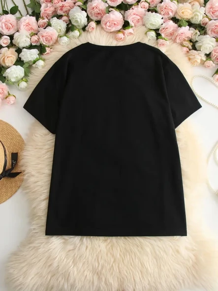 Baskılı Oversize Bisiklet Yaka T-shirt - Siyah - Resim 3