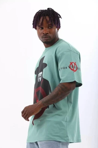 Unisex Oversize Baskılı Bisiklet Yaka T-Shirt - Mint Yeşili - Resim 2