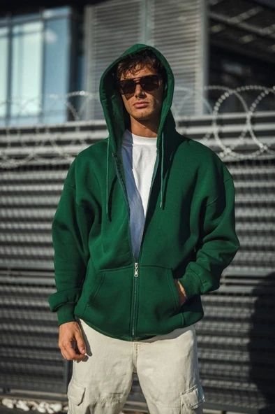 Oversize Tam Fermuarlı Uzun Kol Hırka - Haki - 2