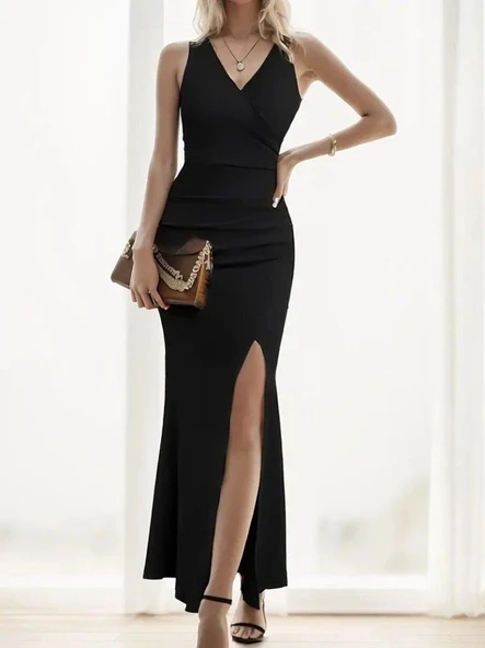 Kadın Askılı Kruvaze Yaka Yırtmaç Detaylı Janjan Krep Elbise - Resim 5