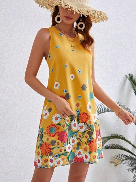 Kadın Sıfır Kollu Bisiklet Yaka çiçek Desenli Süprem Mini Elbise - Resim 2