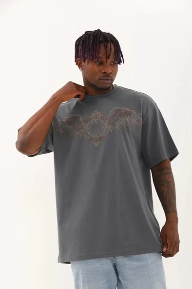 Unisex Oversize Taşlı Bisiklet Yaka T-Shirt - Füme - 4