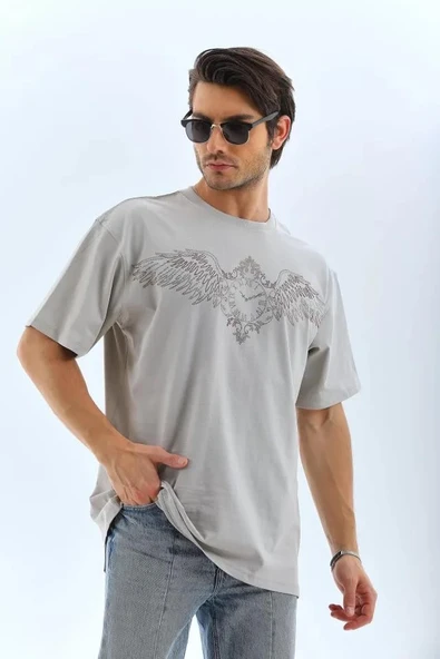 Unisex Oversize Taşlı Bisiklet Yaka T-Shirt - Gri - Resim 4