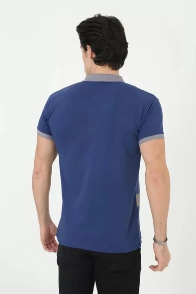 Erkek Yakalı Slim Fit Baskılı T-Shirt - Mavi - Resim 2