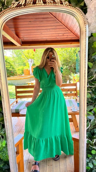 Kadın Kısa Kollu Kruvaze Yakalı Beli Lastikli Müslim Elbise ürün görseli