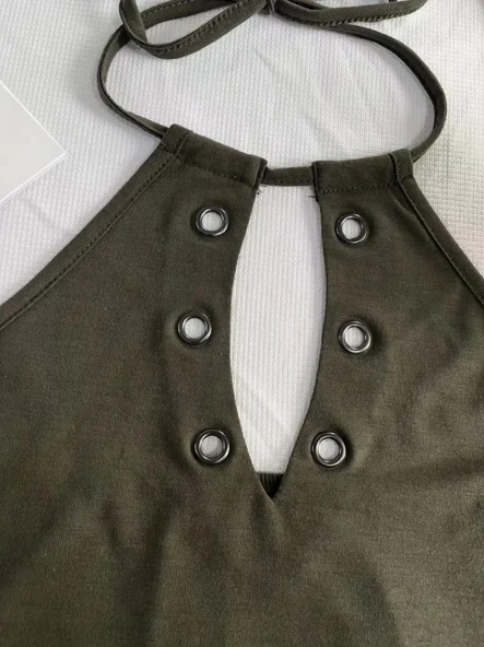 Kadın Askılı Kuş Gözü Ve Dekolte Detay Boyundan Bağlamalı Viskon Bluz - Resim 4