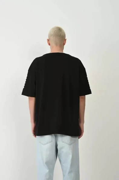 Unisex Baskılı Bisiklet Yaka Oversize T-Shirt - Siyah - Resim 2