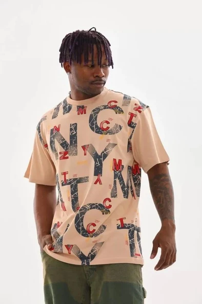Unisex Baskılı Oversize T-Shirt - Bej - Resim 3