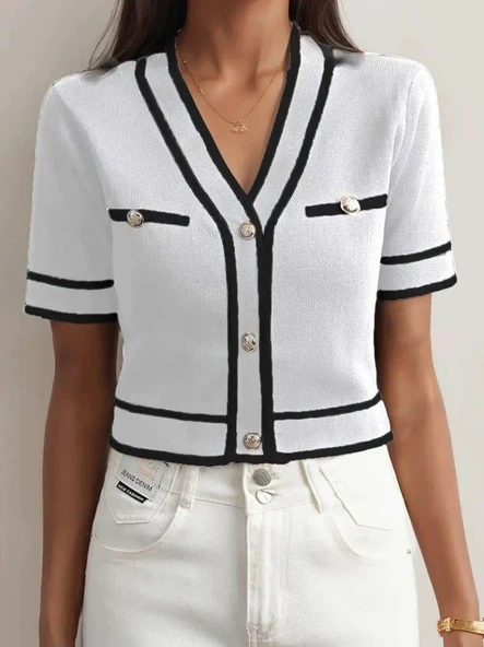 Kadın Kısa Kollu önden Düğmeli Triko Bluz - Resim 5